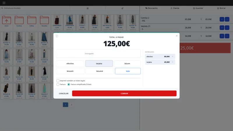 Ventana de cobro con el total a pagar, los botones de efectivo, tarjeta y Bizum, y un pago repartido entre 80 € en efectivo y 45 € con tarjeta