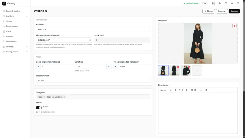 Ficha de un vestido con su código de barras, el precio, el coste, el beneficio calculado y las fotos que se publican en la tienda online