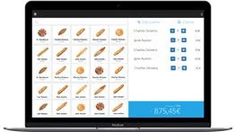 Catálogo de una panadería en el TPV de Catinfog, con el pan y la bollería a un toque y el ticket de venta a la derecha