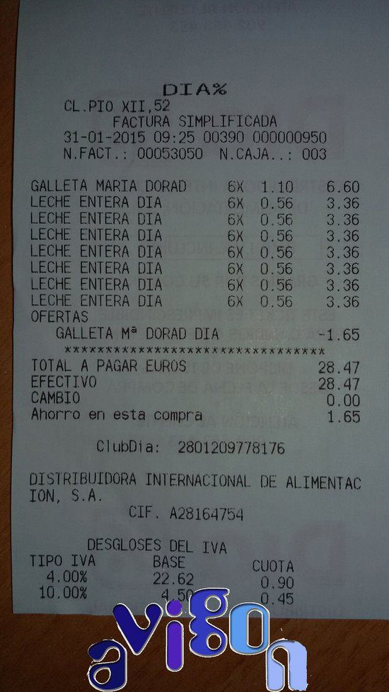 Ticket de supermercado Dia