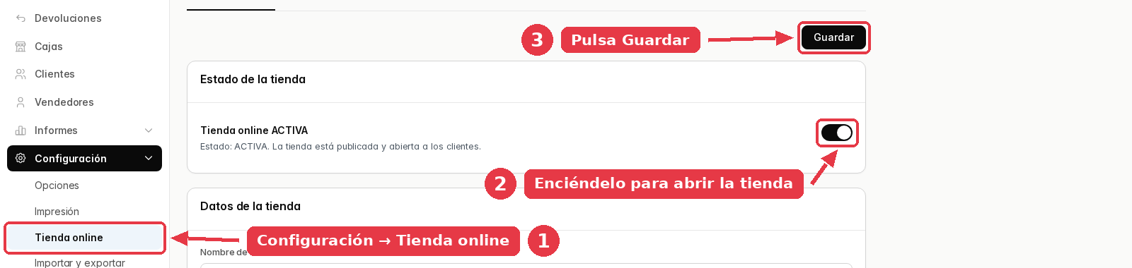 Pantalla de Tienda online con la fila Tienda online ACTIVA, el interruptor encendido y el botón Guardar arriba a la derecha.