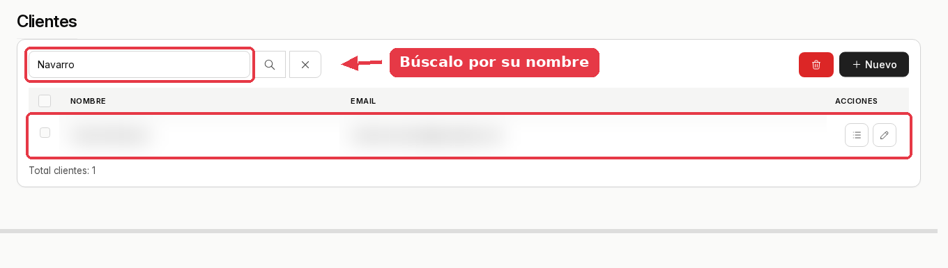 Listado de clientes filtrado por el apellido Navarro, con una sola fila.