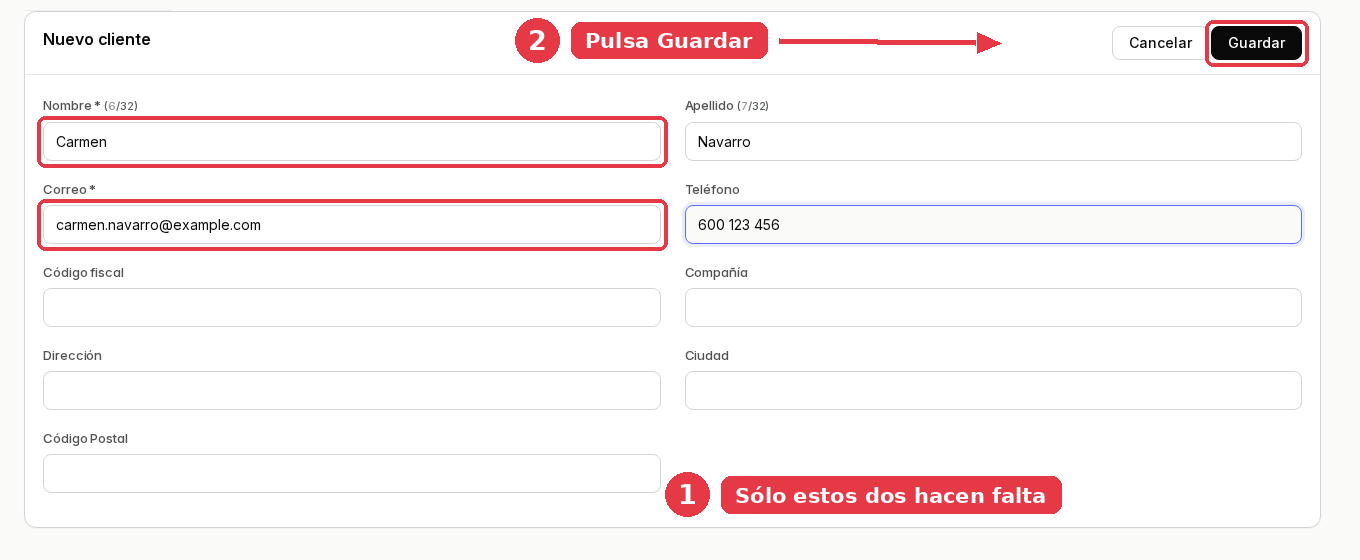 Ficha del cliente nuevo con nombre, apellido, correo y teléfono rellenos, y el botón Guardar señalado arriba a la derecha.