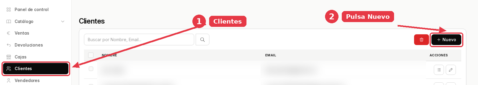 Listado de clientes del panel con el menú Clientes señalado a la izquierda y el botón Nuevo arriba a la derecha.