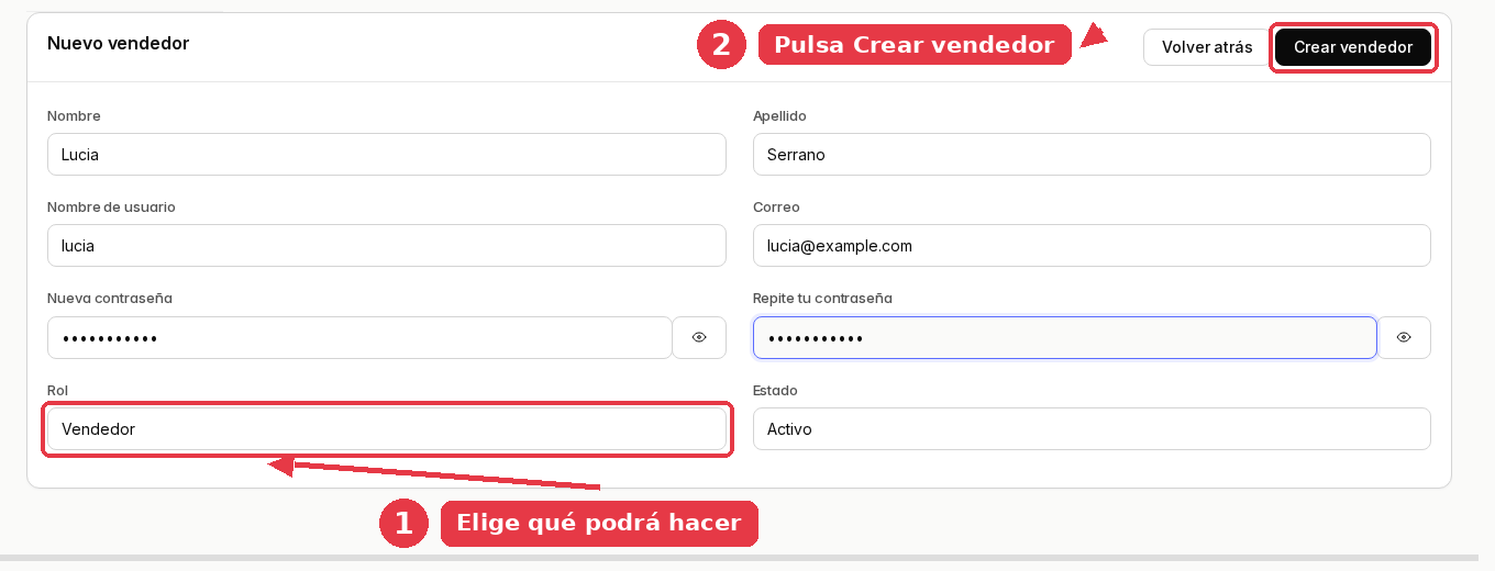 La misma ficha con el rol Vendedor elegido y el botón Crear vendedor señalado arriba a la derecha.