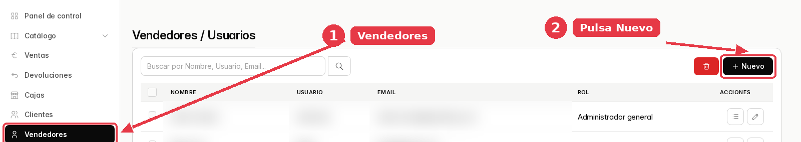 Listado de vendedores del panel con el menú Vendedores señalado a la izquierda y el botón Nuevo arriba a la derecha.