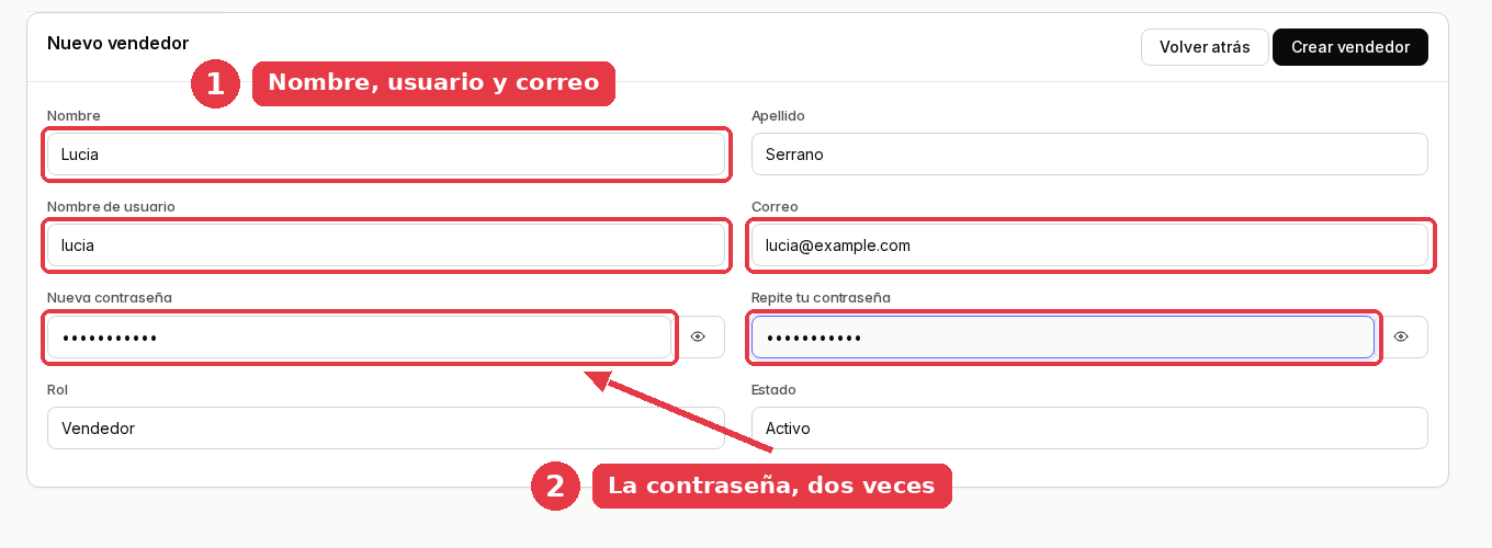 Ficha del vendedor nuevo con nombre, apellido, nombre de usuario, correo y las dos contraseñas rellenos.