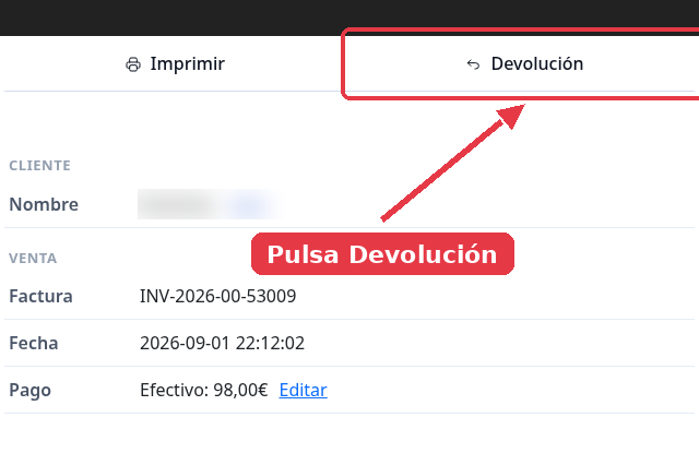 Ficha de la venta con el botón Devolución señalado arriba a la derecha.