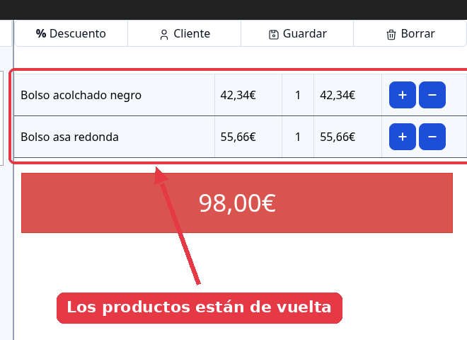 Ticket con los dos productos recuperados y su total.