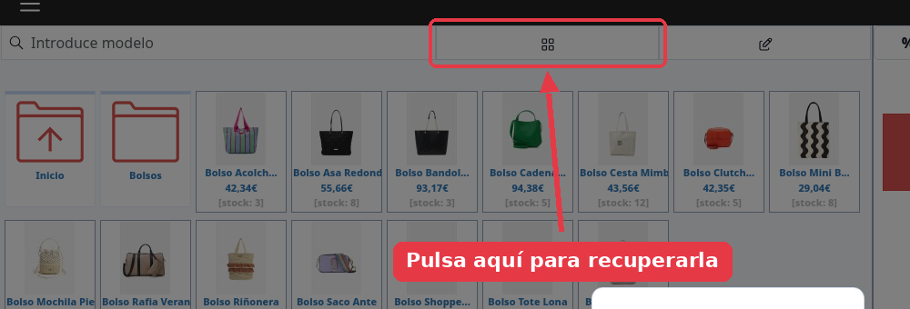 Barra superior del TPV con el botón de la cuadrícula señalado, junto al buscador.