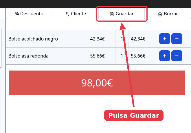 Ticket con dos productos y el botón Guardar de la barra superior señalado.