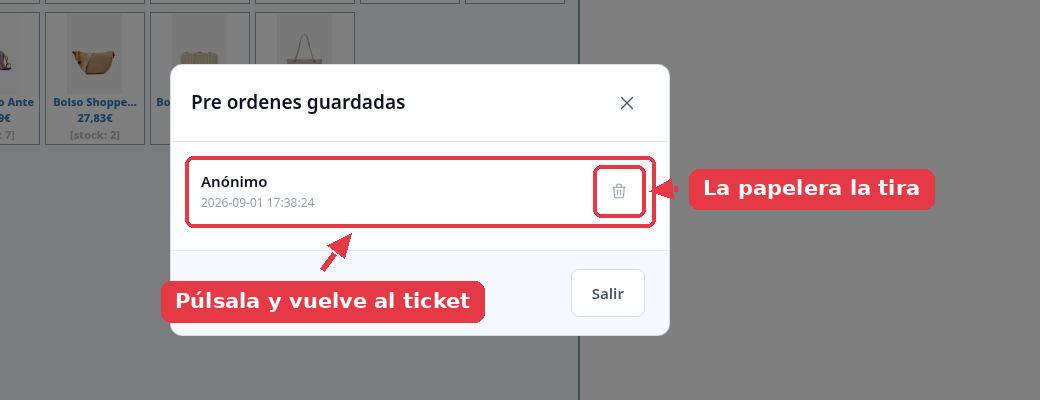 Lista de ventas guardadas con una fila Anónimo, su fecha y el icono de papelera.