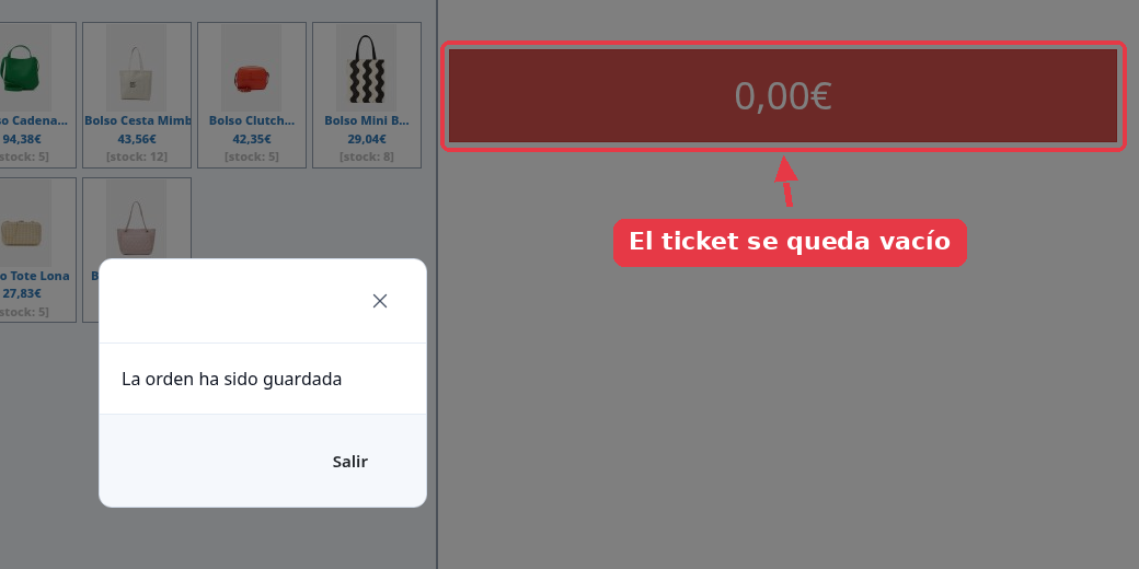 Aviso La orden ha sido guardada, con el total del ticket a 0,00 euros.