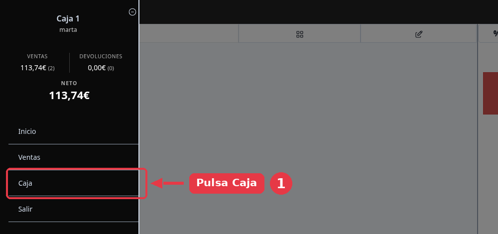 Menú lateral del TPV con las entradas Inicio, Ventas, Caja y Salir, y Caja señalada.