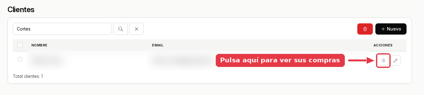 El listado filtrado con una sola fila y el botón de historial señalado en la columna de acciones.