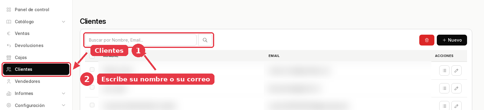Listado de clientes del panel con el menú Clientes señalado a la izquierda y el buscador arriba.