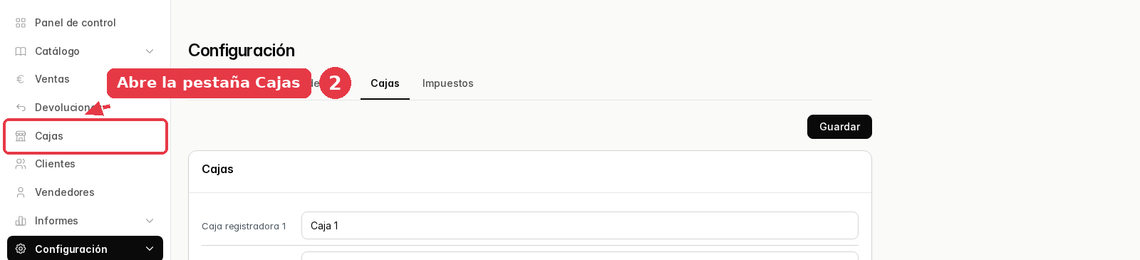 Pantalla de configuración del panel con el menú Opciones señalado y la pestaña Cajas.