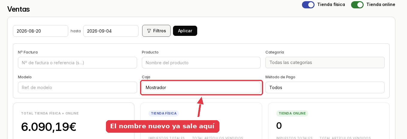El panel de filtros del listado de ventas con el filtro Caja puesto en Mostrador.