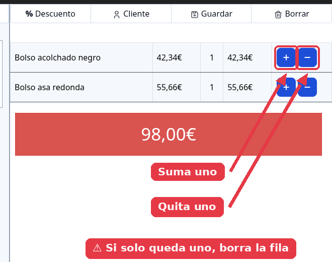 Ticket con dos productos y los botones más y menos de la primera línea señalados.