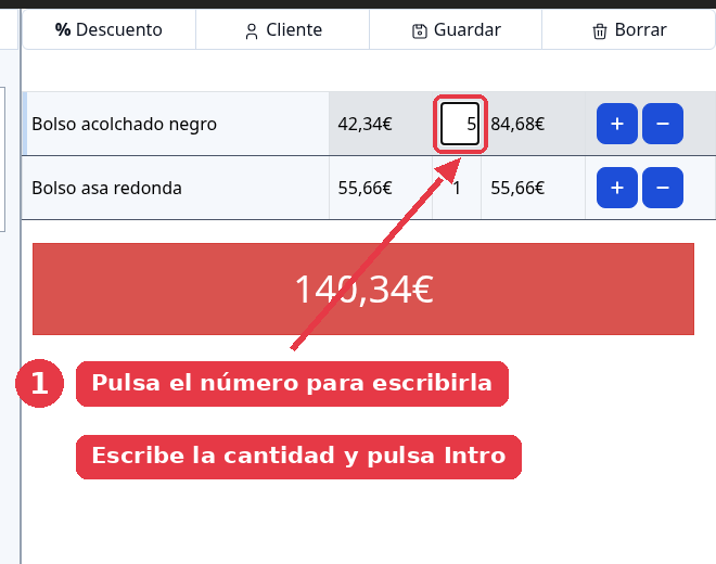 La celda de la cantidad convertida en un recuadro donde se ha escrito un 5.