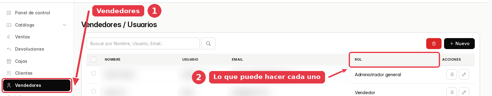 Listado Vendedores / Usuarios con la columna Rol señalada.