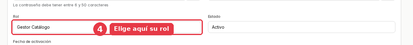 Desplegable Rol de la ficha del empleado con Gestor Catálogo elegido.