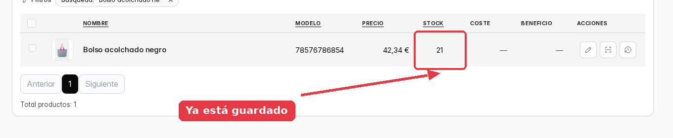 La celda del stock ya con el número 21 guardado.