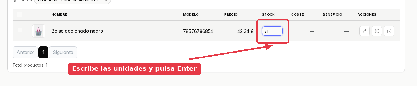 La celda del stock convertida en un campo de texto con el número 21 escrito.