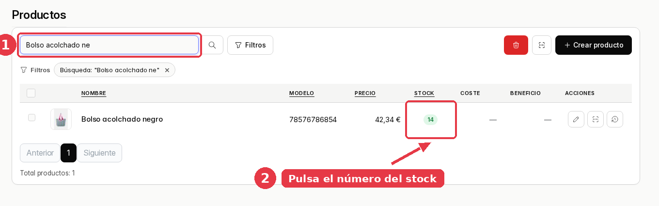 Listado de productos filtrado por Bolso acolchado, con la celda del stock señalada.