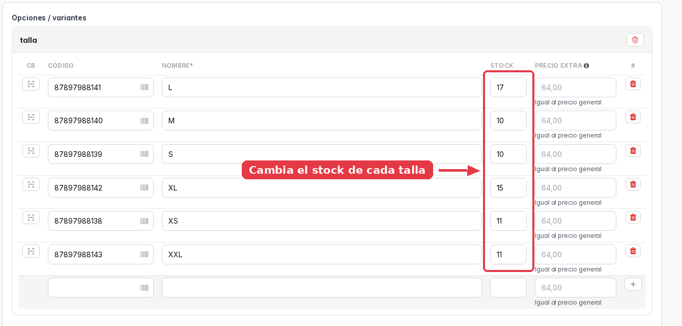 Tabla de tallas del producto con la columna de stock de cada talla señalada.