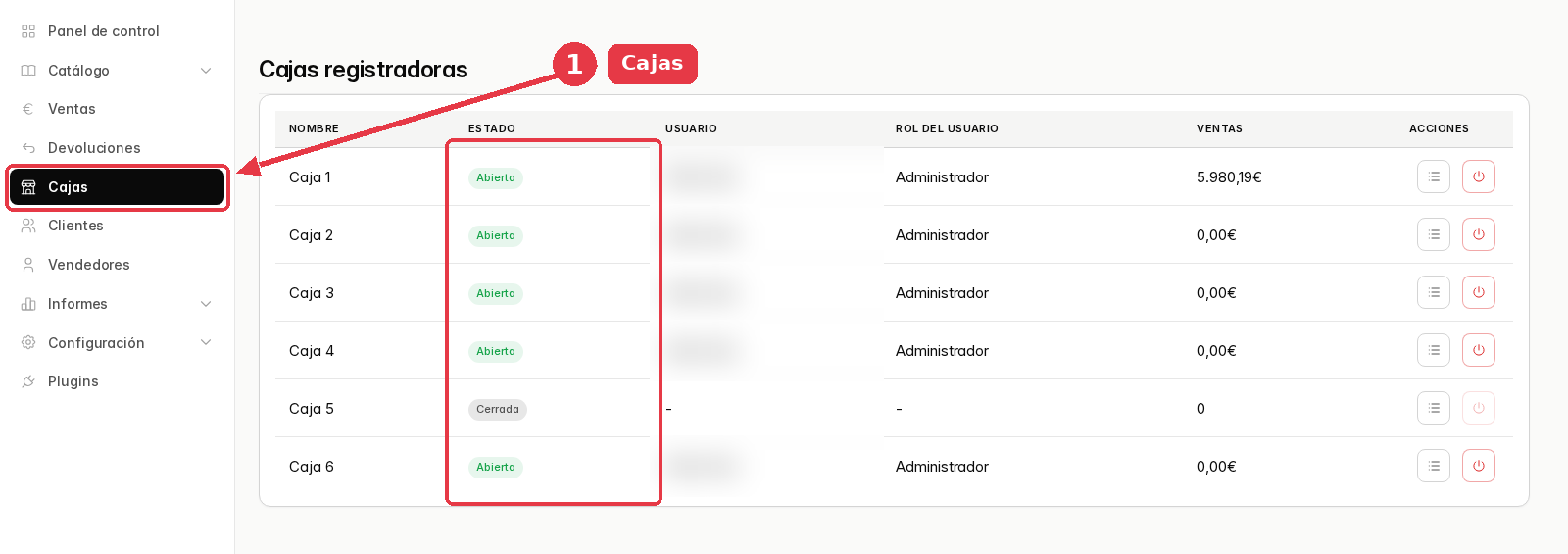 Pantalla de cajas registradoras con seis filas: cinco abiertas y una cerrada, con su usuario, rol y ventas.