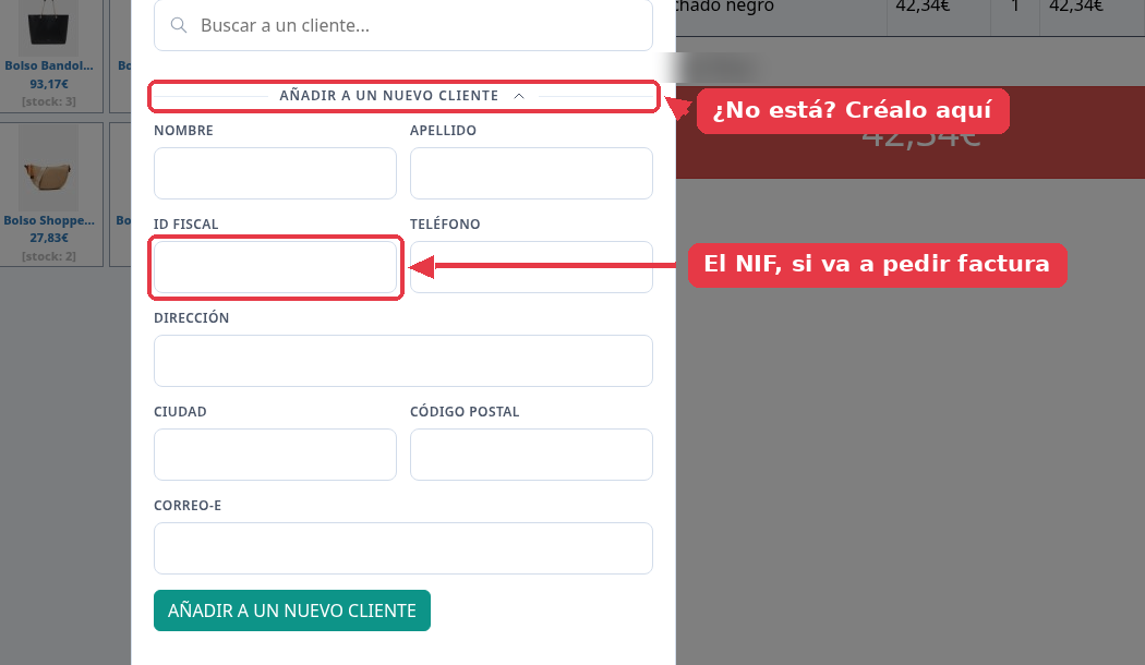 Formulario de cliente nuevo con los campos de nombre, apellido, ID fiscal, teléfono, dirección, ciudad, código postal y correo.