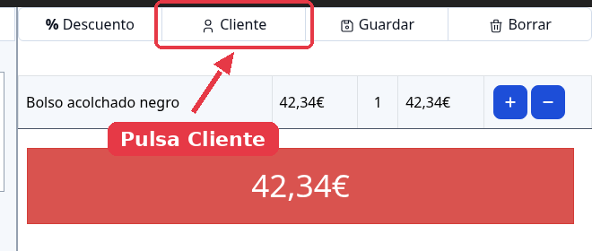 Barra superior del ticket con el botón Cliente señalado.