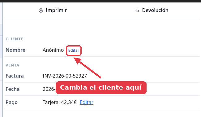 Ficha de una venta ya cobrada con el nombre del cliente como Anónimo y el enlace Editar señalado al lado.