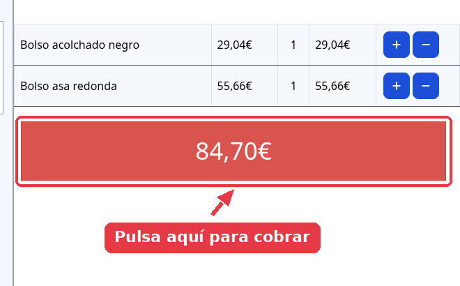 Ticket con dos productos y el botón rojo del total señalado.