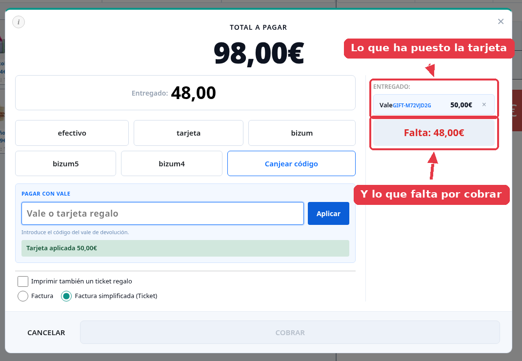 Desglose del cobro con la tarjeta aplicada por 50 euros y el aviso de que faltan 48 euros.