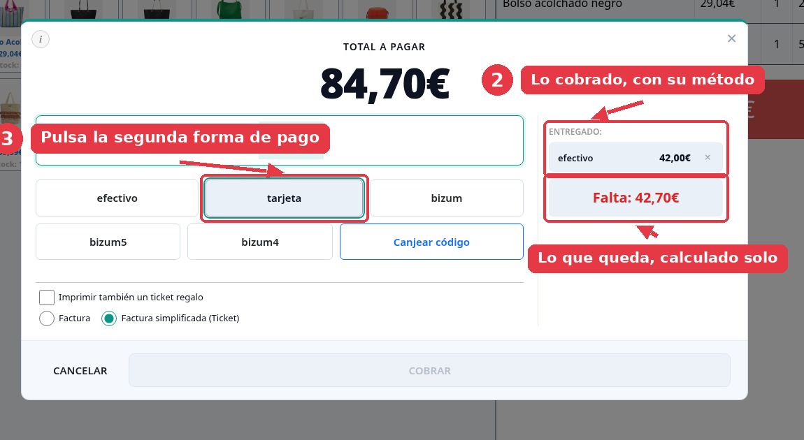 Panel de la derecha con efectivo 42,00 euros y debajo Falta 42,70 euros en rojo.
