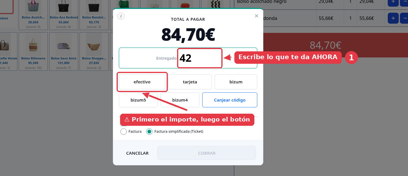 Ventana de cobro de una venta de 84,70 euros con 42 escrito en el campo Entregado.