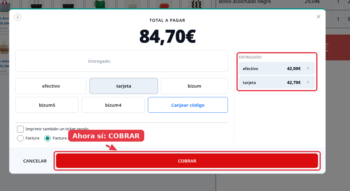 Panel con los dos pagos, efectivo 42,00 euros y tarjeta 42,70 euros, y el botón COBRAR encendido.