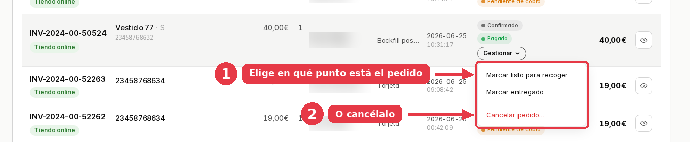 Menú Gestionar abierto con Marcar listo para recoger, Marcar entregado y Cancelar pedido.
