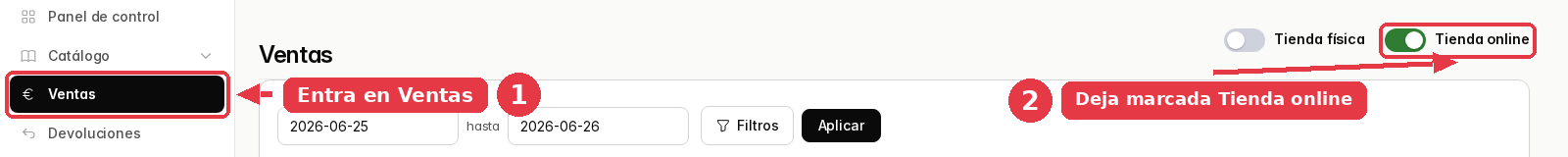 Pantalla de Ventas con los interruptores Tienda física y Tienda online arriba a la derecha, y el filtro de fechas debajo.