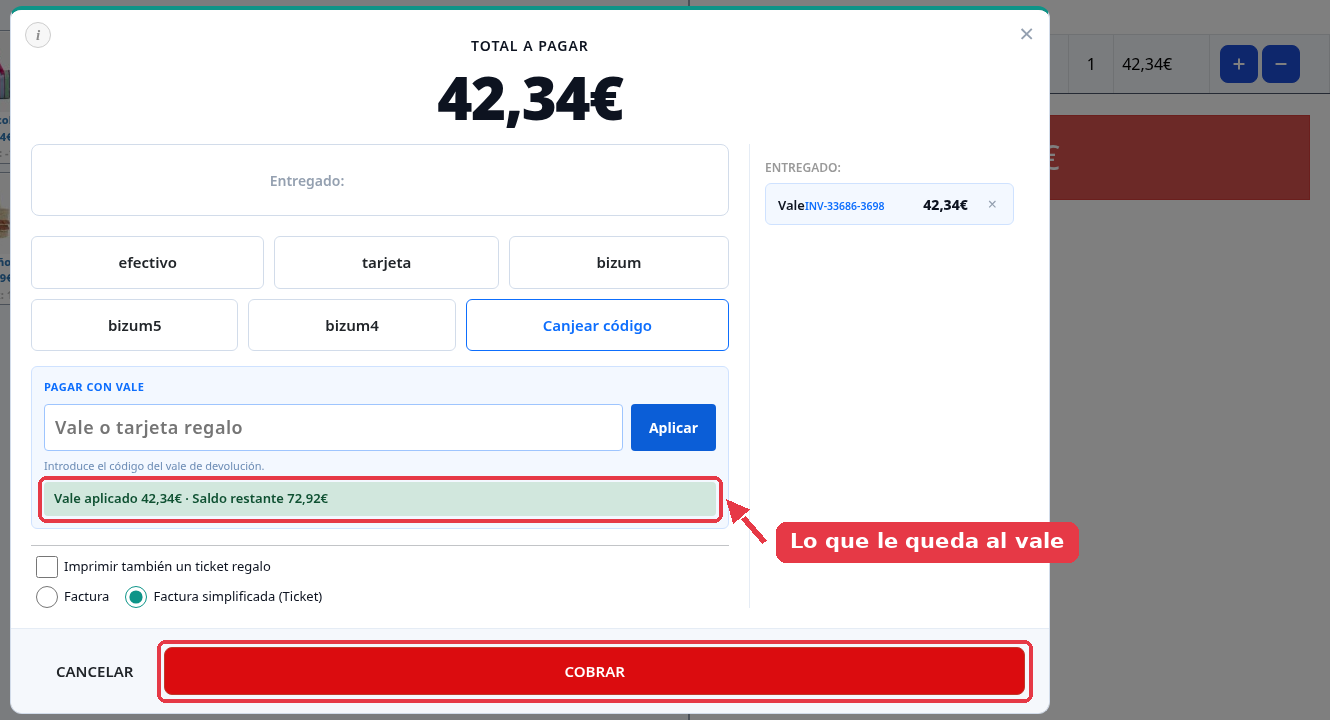 El vale aplicado: el TPV avisa de lo descontado y del saldo restante, y el vale aparece en el desglose de la derecha.