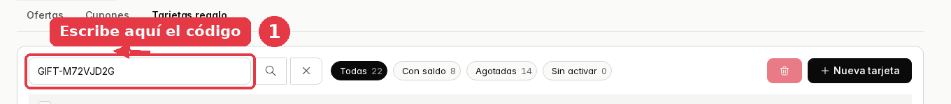 Buscador de la pantalla de tarjetas regalo con un código escrito.