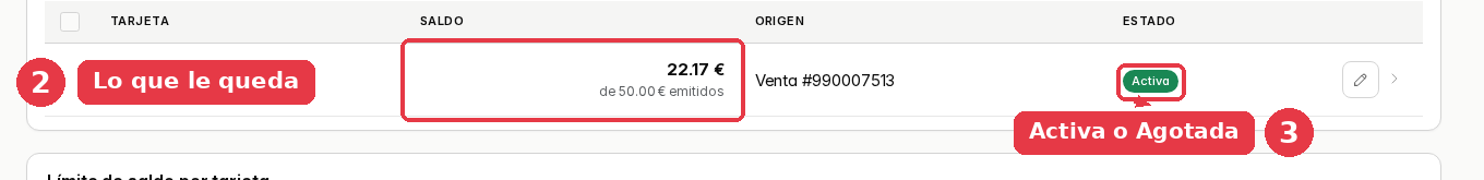 Fila de la tarjeta con 22,17 euros de saldo, de 50 euros emitidos, y la etiqueta verde Activa.