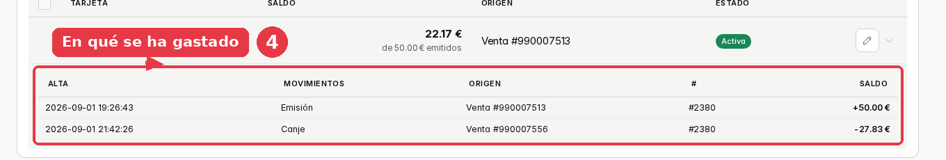 Historial desplegado con la emisión de 50 euros y un canje de 27,83 euros, cada uno con su venta.
