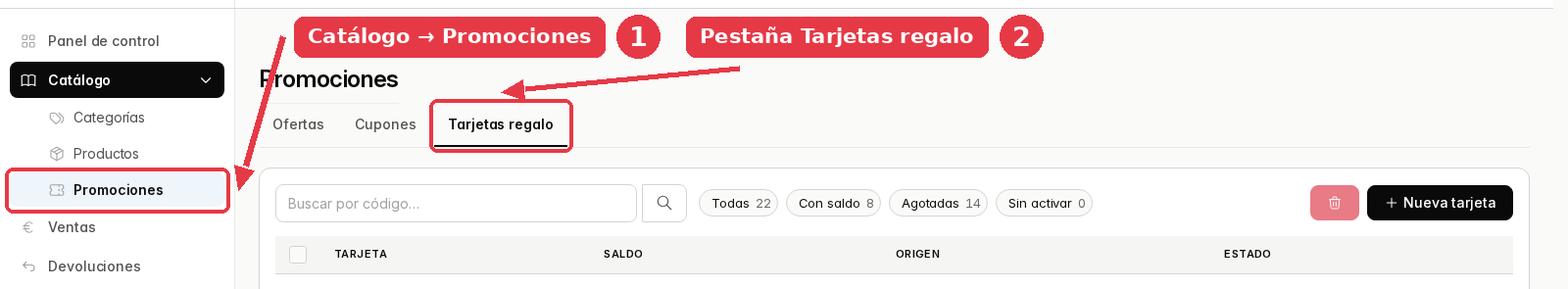 Menú Catálogo con Promociones señalado y la pestaña Tarjetas regalo abierta, junto a Ofertas y Cupones.