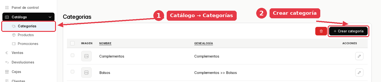 Panel de administración con el menú Catálogo abierto en Categorías y el botón Crear categoría arriba a la derecha.