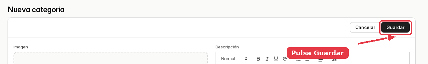Parte superior de la ficha con el botón Guardar señalado, al lado de Cancelar.