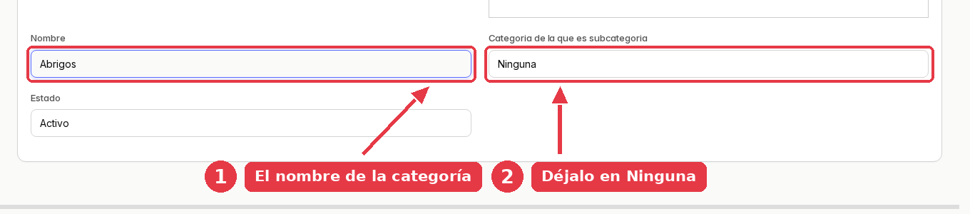 Campos de nombre, categoría de la que es subcategoría y estado, con el nombre Abrigos escrito.