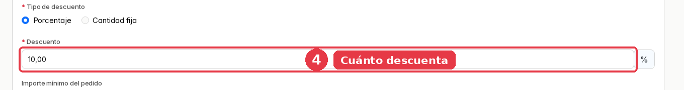 Tipo de descuento con Porcentaje marcado y el campo Descuento con 10,00 y el símbolo de porcentaje.